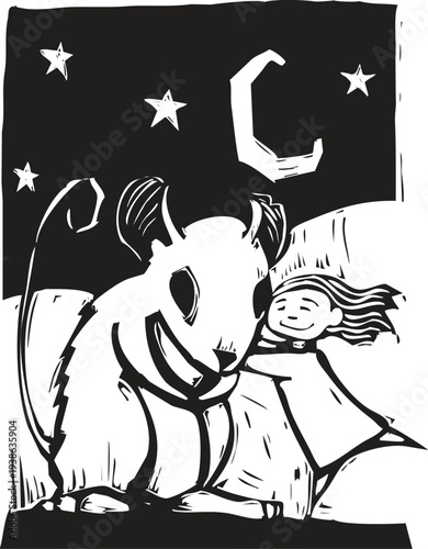 Woodcut style image of a girl hugging a giant gerbil.