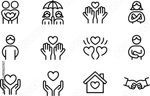 Collection of graphic icons representing concepts of love care support family and community wellbeing