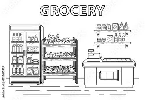 Grocery store interior with bakery rack and fridge line art