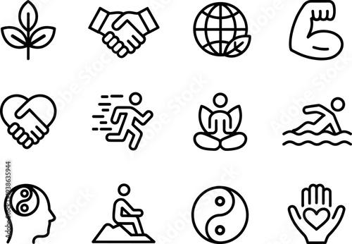 Collection of twelve modern flat line icons representing wellness health and business concepts isolated on transparent background