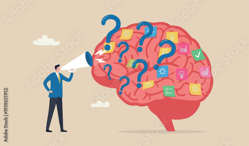 Idea memo, brainstorm or scrum sticky notes, productive plan, memory or task reminder, arrangement, thought and wisdom concept, businessman write sticky notes human red brain.