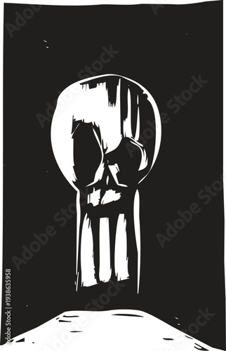 Woodcut style image of a skull in the shape of a keyhole