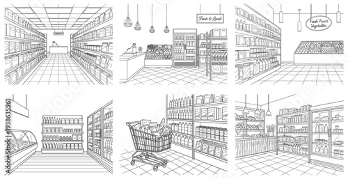 Grocery store and supermarket interior set with aisle and shopping cart line art