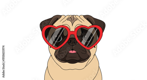 A cartoon illustration of a light brown pug dog with black ears and snout wears red heart-shaped sunglasses, looking forward with its tongue out on a white background.
