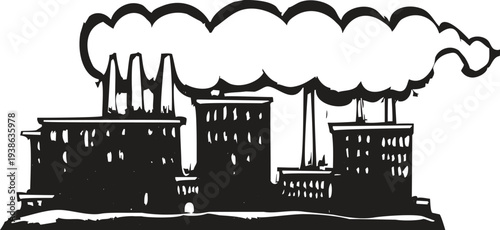 Woodcut style factory blowing smoke