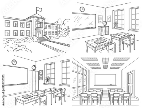 School building and classroom interior line art set