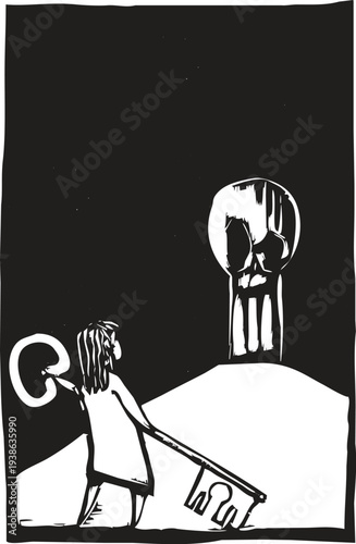 Woodcut style image of a girl with a giant key looking at a keyhole in the shape of a skull. 