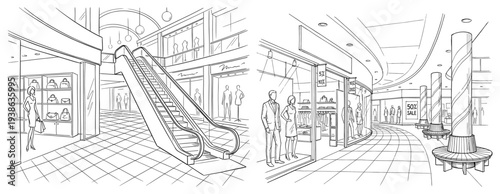 Shopping mall interior with escalator and fashion store line art sketch