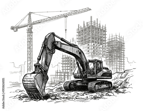 Building construction site with crawler excavator and crane sketch