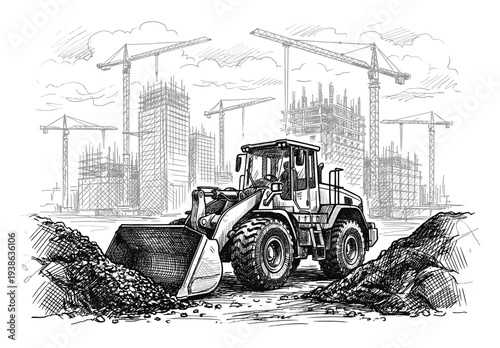 Building construction site with front wheel loader and crane sketch