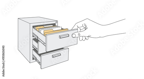 A line art human hand pulls open the top drawer of a small three-drawer grey filing cabinet containing light brown folders on a white background.