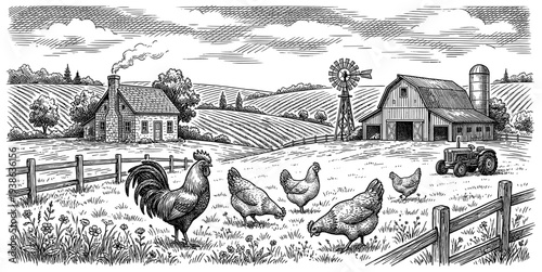Vintage farm landscape with rooster chicken barn and tractor engraving