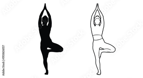 Two yoga poses depicted one in black and one in white silhouette