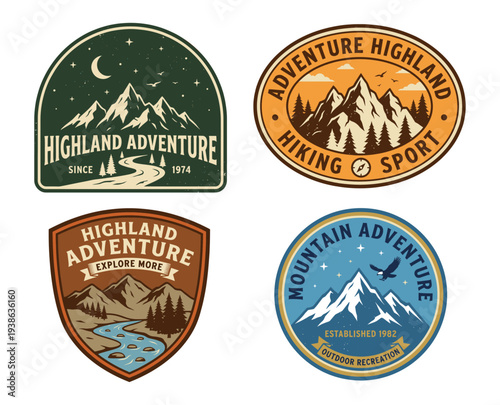 Mountain and highland adventure vintage logo badge set