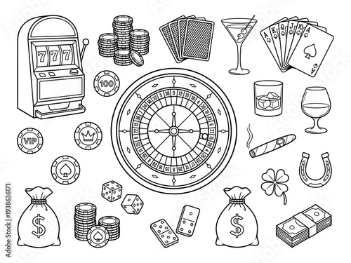 Casino and gambling doodle line art set with roulette and slot machine