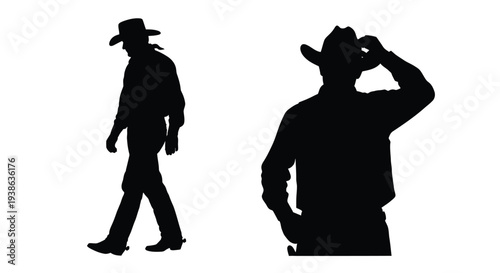 Two cowboy silhouettes in different poses walking and tipping a hat silhouette