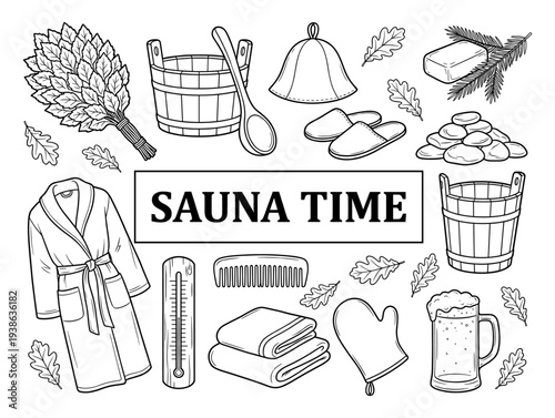 Sauna and spa doodle set with broom bucket and bathrobe