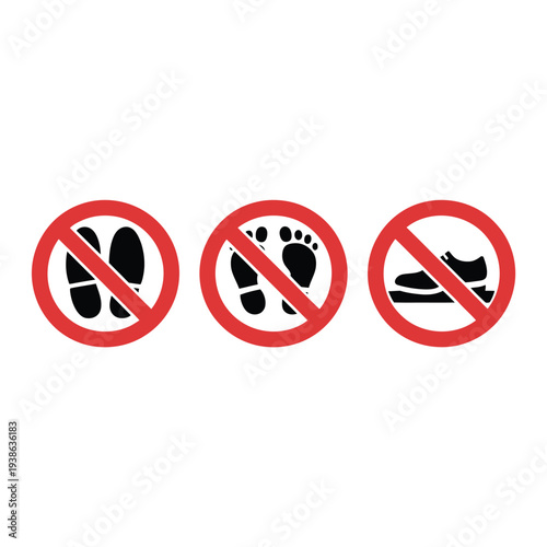 Three prohibition signs indicate no shoes, no bare feet, and no footprints.