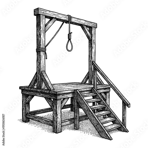 Vintage gallows with wooden scaffold and rope noose engraving