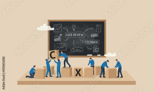 Customer Experience, miniature people workers with blue team uniform building cube wooden block with acronym CX on table with blackboard, user review or feedback.