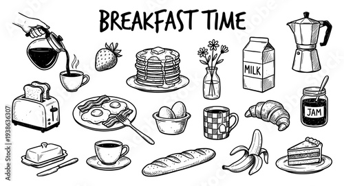 Breakfast food hand drawn sketch set with pancake and coffee