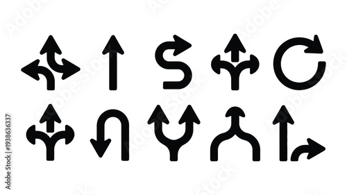 Way direction arrow sign with three arrows, road direction icon vector representing choice and navigation paths, three way direction arrow symbol for guidance and route selection, minimalist vector
