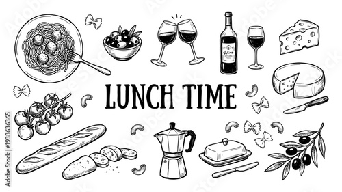 European lunch time food and drink hand drawn sketch