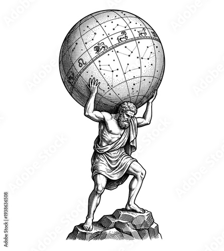 Atlas titan holding celestial globe engraving hand drawn