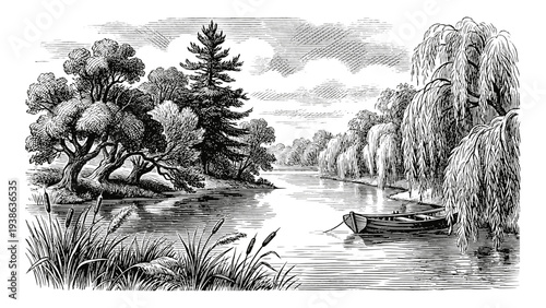 Vintage river landscape engraving with boat and willow tree