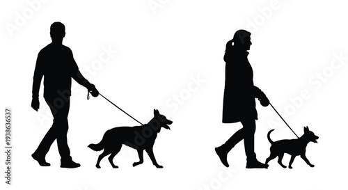 A man woman and dogs walking together in black silhouette