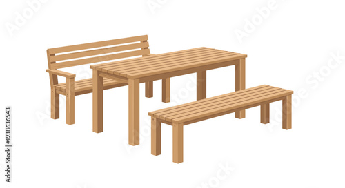 A light wooden picnic table with a slatted top is accompanied by two distinct wooden benches on a white background.