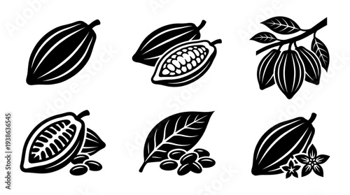 Cocoa pod and bean set in black silhouette style
