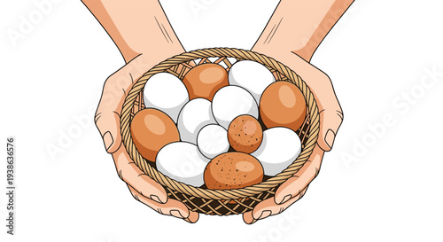 Two hands gently cradle a tightly woven brown basket brimming with a dozen assorted brown and white eggs against a pure white background.