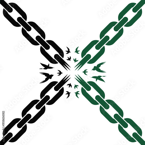 Broken chain links release a flock of birds into the sky.