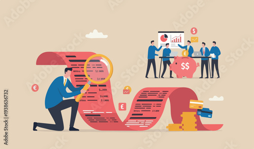 Paying bills, cost and analysis personal finance concept, businessman intoo magnifying team together meeting analyze budget, income big cow red tax invoice receipt paper