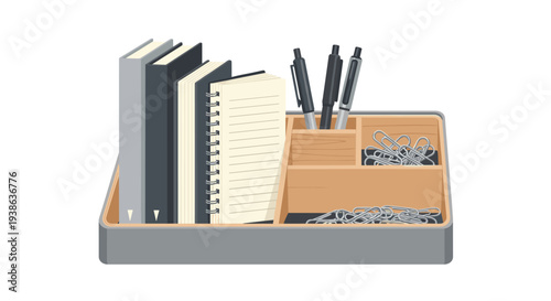 A rectangular desk organizer with a grey base and wooden insert neatly arranges three notebooks, three pens, and paper clips on a white surface.