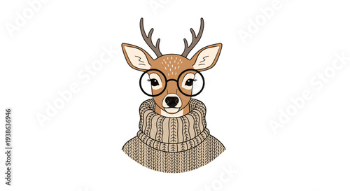 A charming deer bust with delicate antlers and warm brown fur sports round black glasses and a cozy beige turtleneck sweater.
