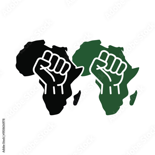 Two fists raised in protest superimposed on the map of Africa.