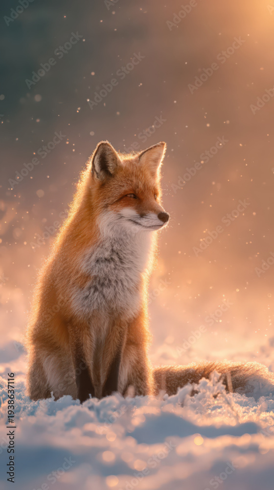 Obraz premium A single fox sitting quietly in a snowy winter landscape at sunrise