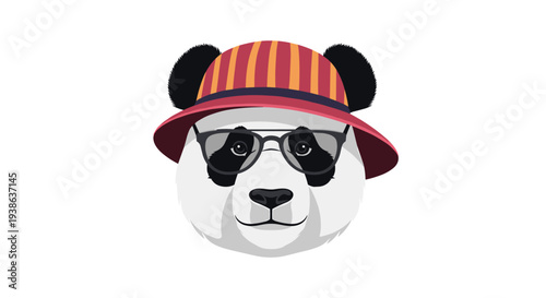 A charming panda head with distinct black eye patches and fluffy ears sports black-rimmed glasses and a stylish striped bucket hat.