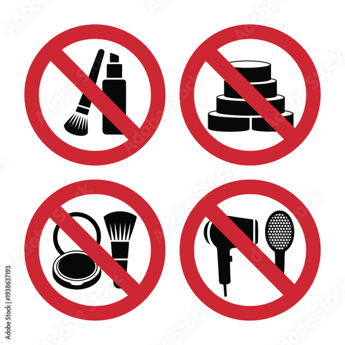 Four prohibition signs indicating no makeup, no cosmetics, and no hair styling tools are displayed.