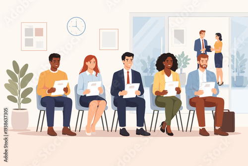 Diverse Group of Professional Candidates Sitting in an Office Waiting Room for a Job Interview Holding Resumes, Recruitment and Hiring Process Concept for Career Opportunity and Employment