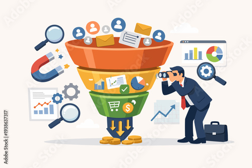 Marketing Sales Funnel Illustration with Businessman Using Binoculars for Lead Generation, Customer Acquisition, Data Analytics, and Conversion Optimization for Business Growth and Strategy.