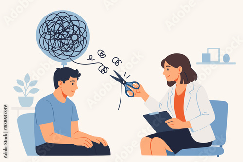 Psychotherapy and Mental Health Concept with Female Therapist Helping Patient Untangle Stress and Anxiety. Psychologist Using Scissors to Cut Tangled Thoughts of a Man in Counseling Session
