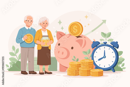 Senior Elderly Couple Saving Money for Retirement with Piggy Bank, Coins, and Alarm Clock; Pension Fund Investment, Wealth Management, and Financial Planning for Old Age and Future Growth.
