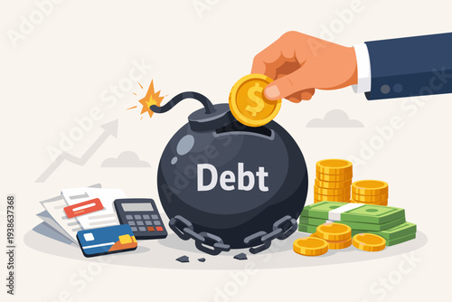 Debt Financial Obligation and Responsibility Concept with Hand Putting Money into a Bomb Piggy Bank, Representing Economic Risk, Credit Card Debt, Loan Repayment, and Financial Crisis Relief.