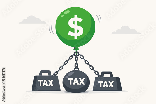 Vector Illustration of a Green Dollar Balloon Held Down by Heavy Tax Weights and Chains Representing the Burden of Taxation on Wealth Accumulation, Financial Pressure, and Economic Challenges.