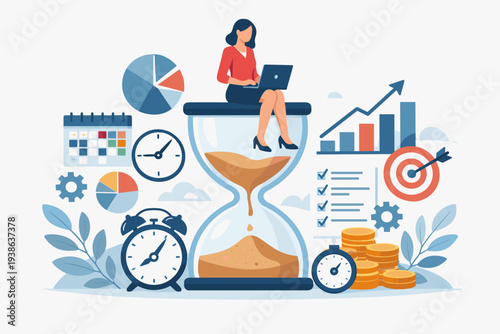 Time management and business productivity concept with a woman working on a laptop sitting on a giant hourglass surrounded by clocks, calendar, charts, graphs, and target for efficient planning.