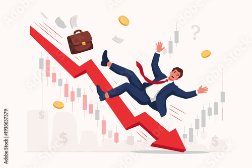 Stressed businessman falling down with a red arrow representing a stock market crash, economic recession, financial crisis, investment failure, price drop, bankruptcy, and loss of money illustration.