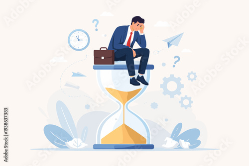 Stressed Businessman Sitting on Large Hourglass Waiting for Deadline, Concept of Time Management, Procrastination, Ineffective Thinking, and Wasting Time in Business Career and Work Life